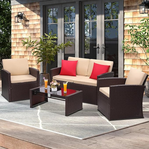 4-Piece Patio Furniture Set, Wicker Outdoor Rattan Sectional Sofa with Cushions and Glass Table, All-Weather Outdoor Conversation Set, Ideal for Garden, Porch, Backyard, Beige