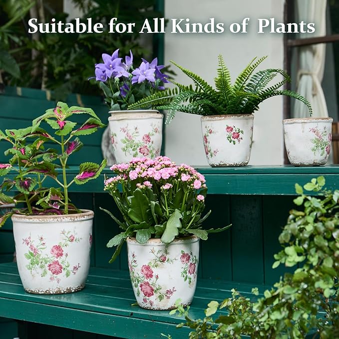Vintage Ceramic Planter with Drainage Hole, Plastic Tray & Mesh, 6.5 Inch - Indoor/Outdoor Flower Pot, Pink Floral Rustic Farmhouse Design Plant pot for Home, Office & Garden Décor, Ideal Gift