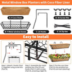 Riare 4 Pack 16 Inch Window Boxes Planters with Coco Liner, Metal Deck Railing Planter Boxes, Balcony Planters Railing Hanging, Horse Trough Window Flower Planter Boxes for Outdoor Porch Fence Patio
