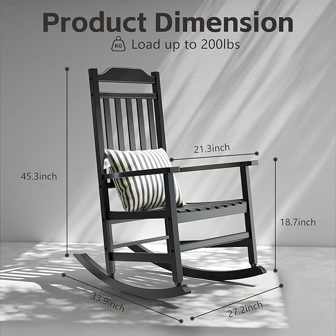 Patio Rocking Chair Outdoor Set of 2,Weather Resistant Poly Resin Oversized Porch Rocker,High Back Smooth Design,350lb Weight Capacity,Indoor Outdoor Use(2, Black)