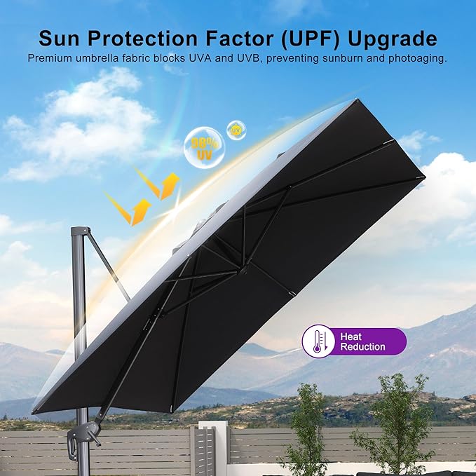 PURPLE LEAF 10 FT Outdoor Umbrella with Base Patio Cantilever Aluminum Umbrella with 3 Years Fade Resistance Recycled Fabric Offset Square with 360-degree Rotation for Deck Pool Garden, Graphite Grey