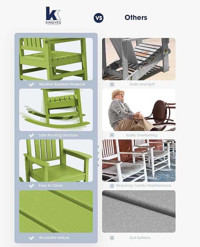 KINGYES HDPE Outdoor Rocking Chair Set of 4, All-Weather Poly Patio Rocking Chairs with 330lbs Support for Adults, Pistachio Green