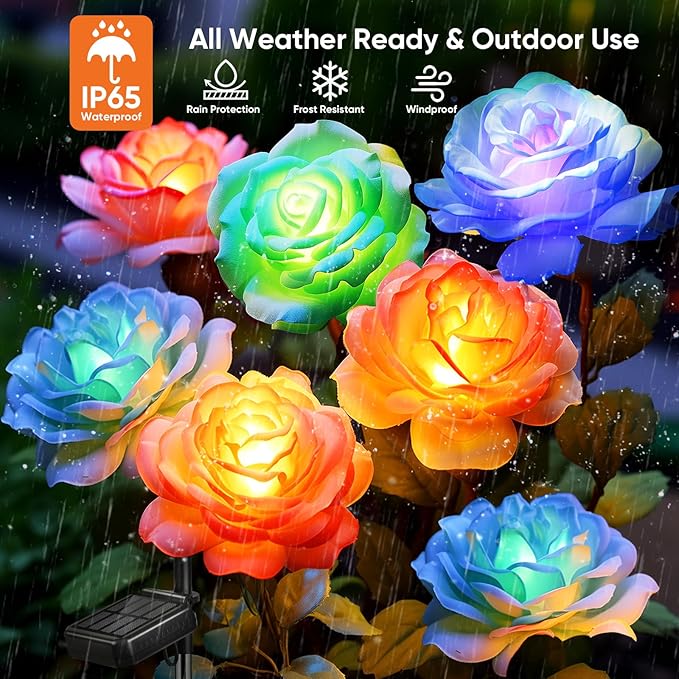 Solar Rose Lights Outdoor: 4 Pack IP65 Waterproof 7-Color Changing LED Flower Stakes for Garden Pathway Patio Lawn Decorative - Auto On Off 10H+ Lighting