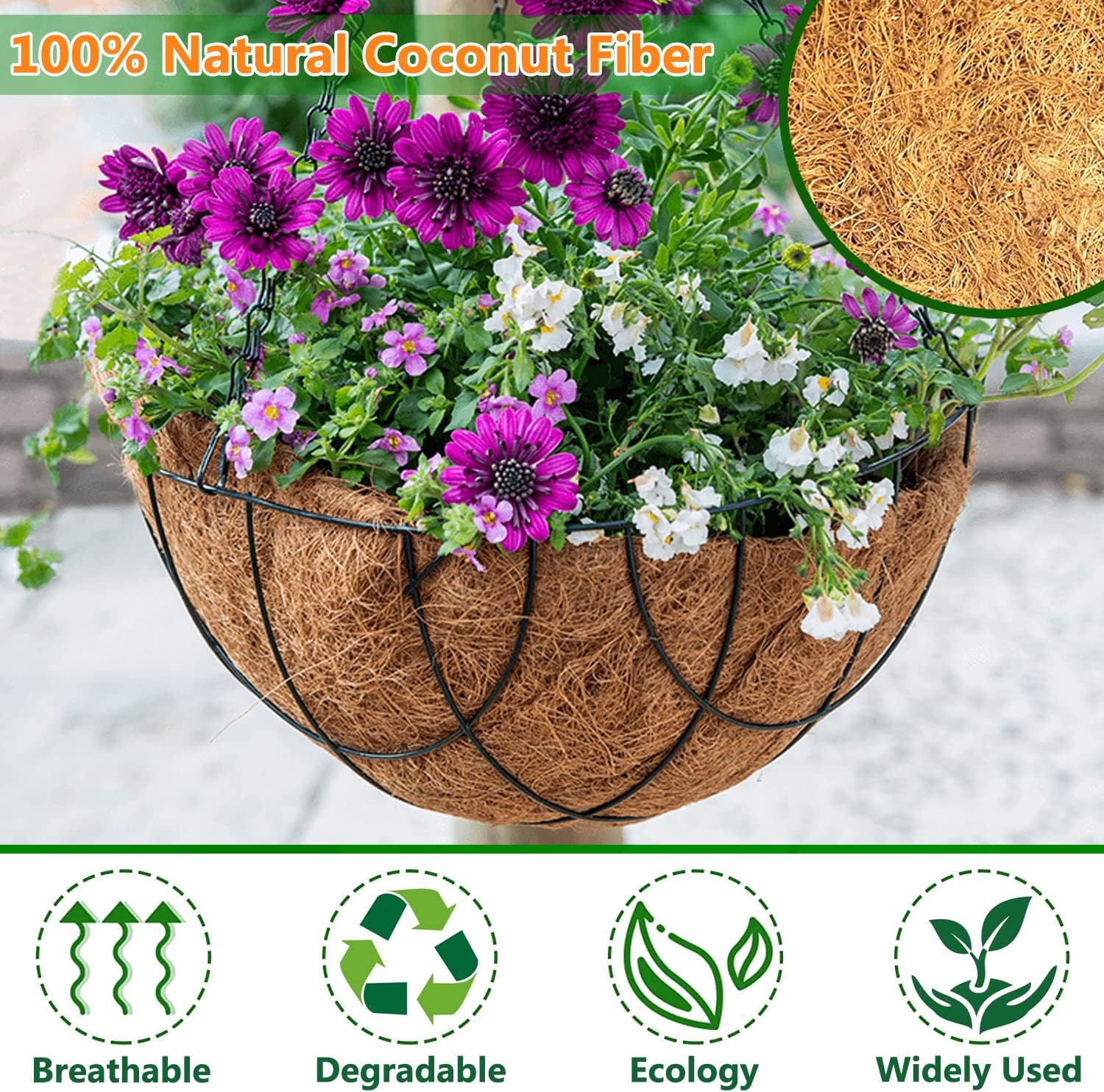 LCHUANG Coco Liners for Planters - 6 Pack 8 Inch Round Hanging Basket Liners, 100% Natural Coconut Fiber Replacement Liners for Hanging Baskets Planters Flowers, Plants, Vegetables (8'' Pack of 6)