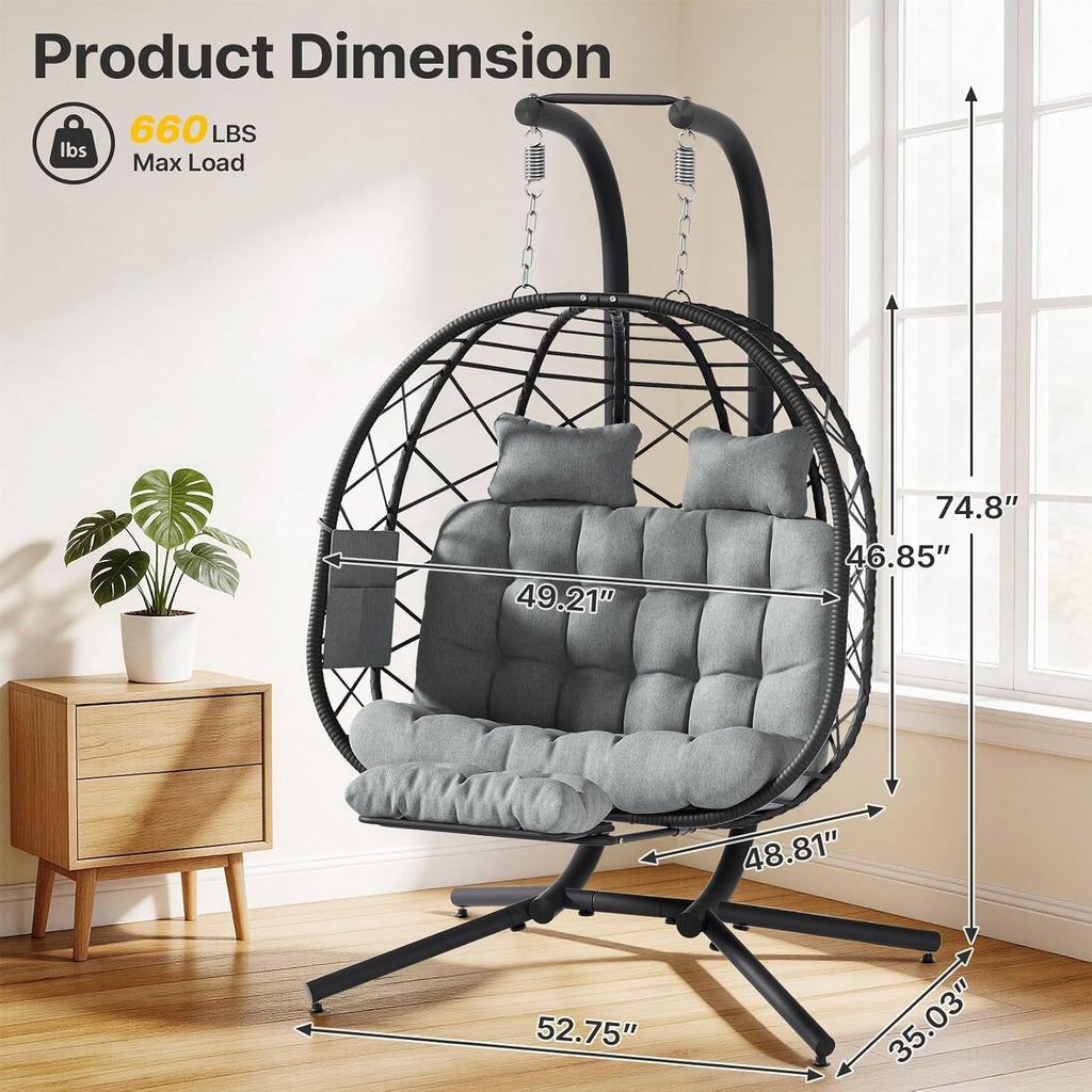 Suteck Double Hanging Egg Chair with Adjustable Footrest & Stand, Grey | Indoor Outdoor 2 Person Hanging Wicker Hammock Swing Chairs, With Cushion, 660lbs Capacity, For Patio, Bedroom, Lawn, Garden
