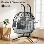 Suteck Double Hanging Egg Chair with Adjustable Footrest & Stand, Grey | Indoor Outdoor 2 Person Hanging Wicker Hammock Swing Chairs, With Cushion, 660lbs Capacity, For Patio, Bedroom, Lawn, Garden