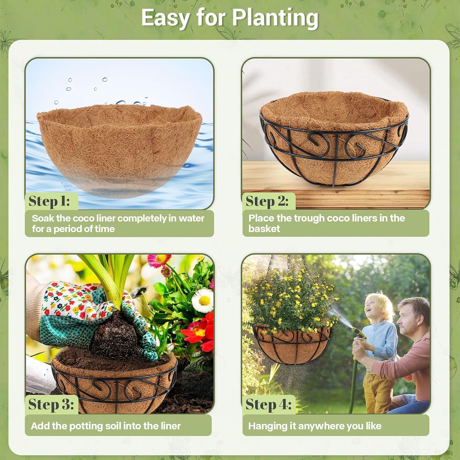Coco Liners for Planters, 5 Pack 14 Inch Round Hanging Basket Liners, 100% Natural Coconut Fiber Replacement Liners for Hanging Baskets Planters Flowers