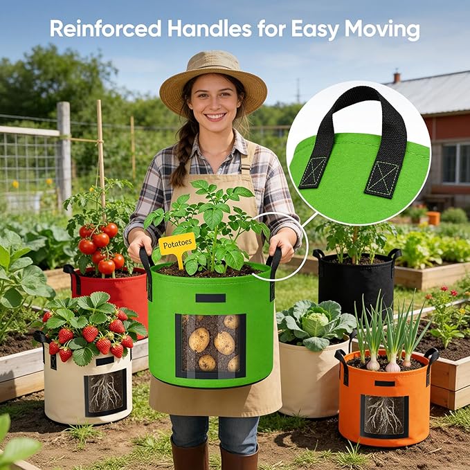 5 Gallon Potato Grow Bags: Set of 5 Colorful Gardening Supplies Fabric Pots with Harvest Window Reinforced Handles - Planting Container for Vegetable Tomatoes Carrot Flowers Balcony Patio Use