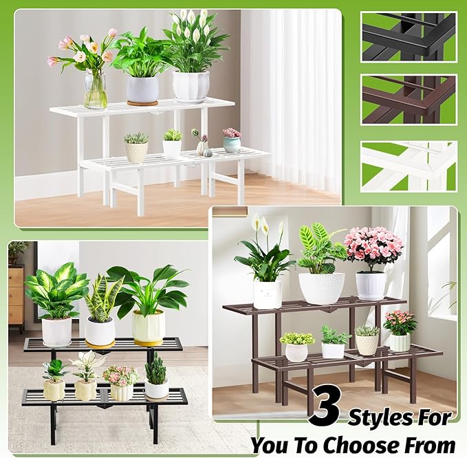 2 Tier Plant Stand Indoor Outdoor, Foldable Metal Separated Ladder Plant Stands, Plant Shelf Multiple Flower Pot Holder Display Shelving for Garden Living Room Patio,Brown