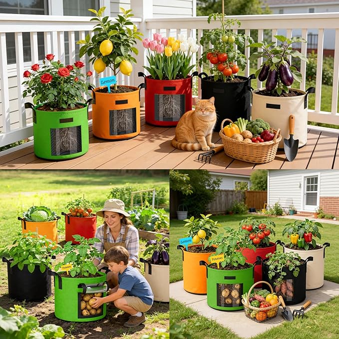 5 Gallon Potato Grow Bags: Set of 5 Colorful Gardening Supplies Fabric Pots with Harvest Window Reinforced Handles - Planting Container for Vegetable Tomatoes Carrot Flowers Balcony Patio Use