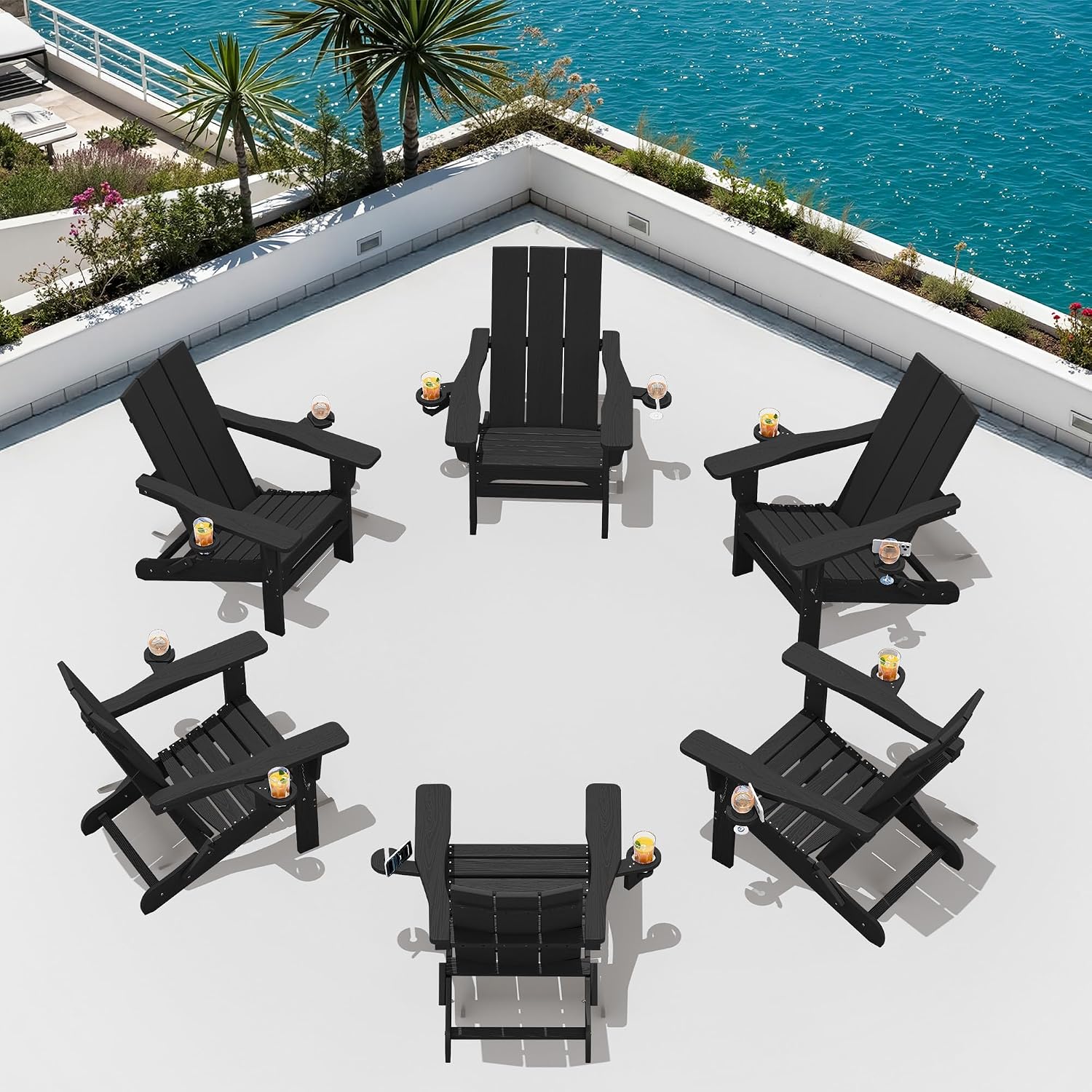 SERWALL Modern Folding Adirondack Chairs Set of 2, HDPE, Cup Holders, Black | Outdoor All-Weather Lawn Adirondack Chairs Wood Grain Lawn Chair Fire Pit Chairs for Patio, Deck