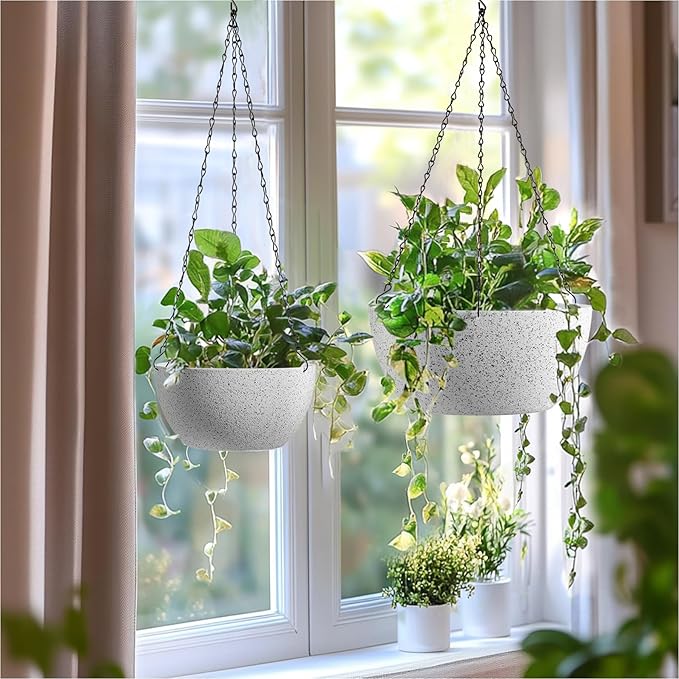 T4U 8 Inch Hanging Planters for Indoor Plants, 2 Pack Hanging Planter, Hanging Plant Pots with Drainage Holes and Chain, Hanging Basket Pots for Garden Home Porch Decor, White