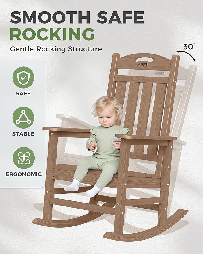 Oversized Rocking Chair Outdoor, High Back Porch Rocker Chair, HDPE All Weather Resistant Rocking Chairs for Patio, 386lbs Weight Capacity, Teak