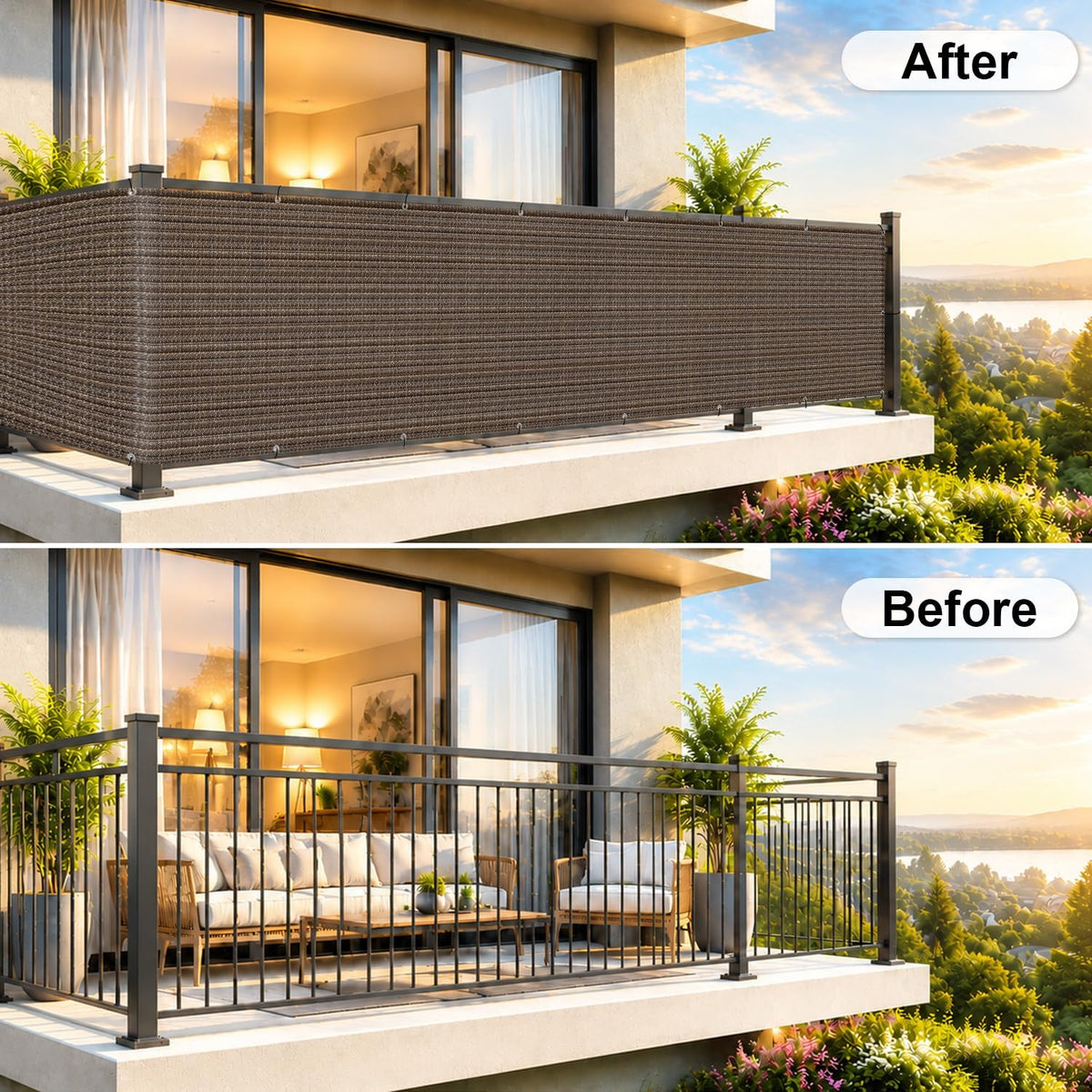 3' x 16' brown balcony privacy screen showing dimensions