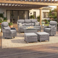 Luxury Swivel Rocker Chairs Fire Pit Set with 6" Thick Cushion 7 piece Wicker Outdoor Patio Chair with Sofa and Ottoman,Comfortable High Back Outdoor Patio Furniture Set - Gray | Gray