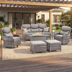 Luxury Swivel Rocker Chairs Fire Pit Set with 6" Thick Cushion 7 piece Wicker Outdoor Patio Chair with Sofa and Ottoman,Comfortable High Back Outdoor Patio Furniture Set - Gray | Gray