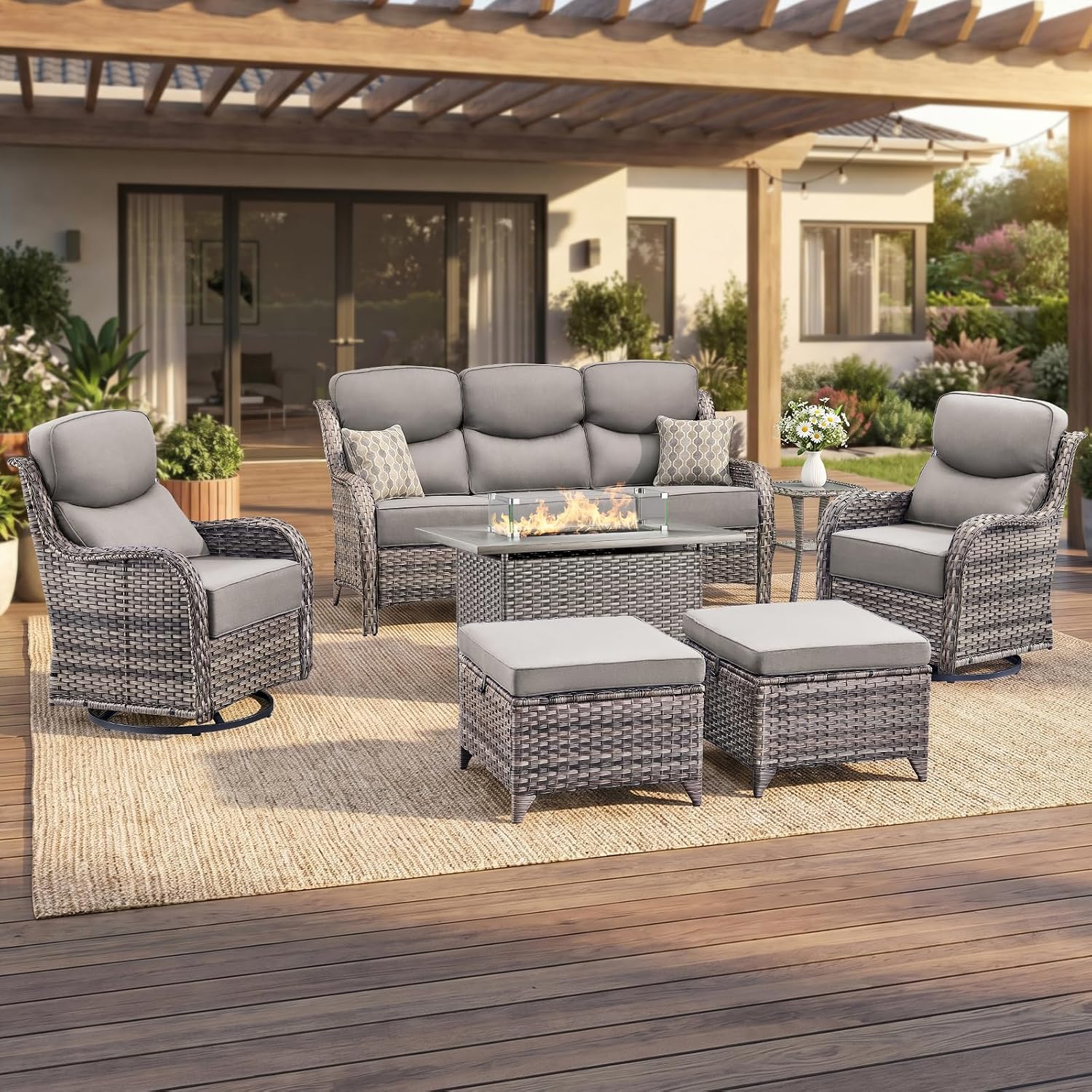 Luxury Swivel Rocker Chairs Fire Pit Set with 6" Thick Cushion 7 piece Wicker Outdoor Patio Chair with Sofa and Ottoman,Comfortable High Back Outdoor Patio Furniture Set - Gray | Gray