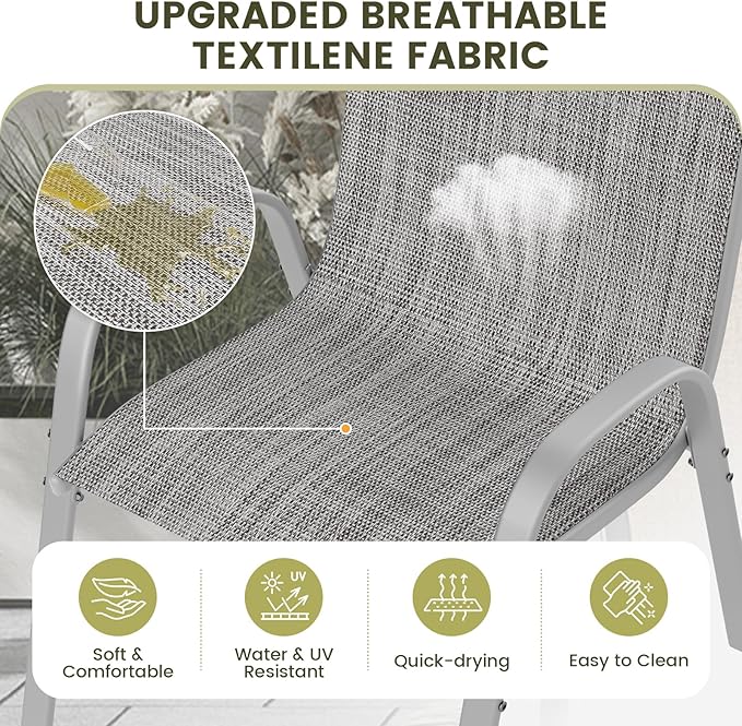 UDPATIO Patio Chairs Set of 4, Stackable Silver Outdoor Dining Chairs with High Back, Breathable Outdoor Chair Textilene Fabric All Weather, 350LBS Capacity for Garden, Backyard (Light Grey)