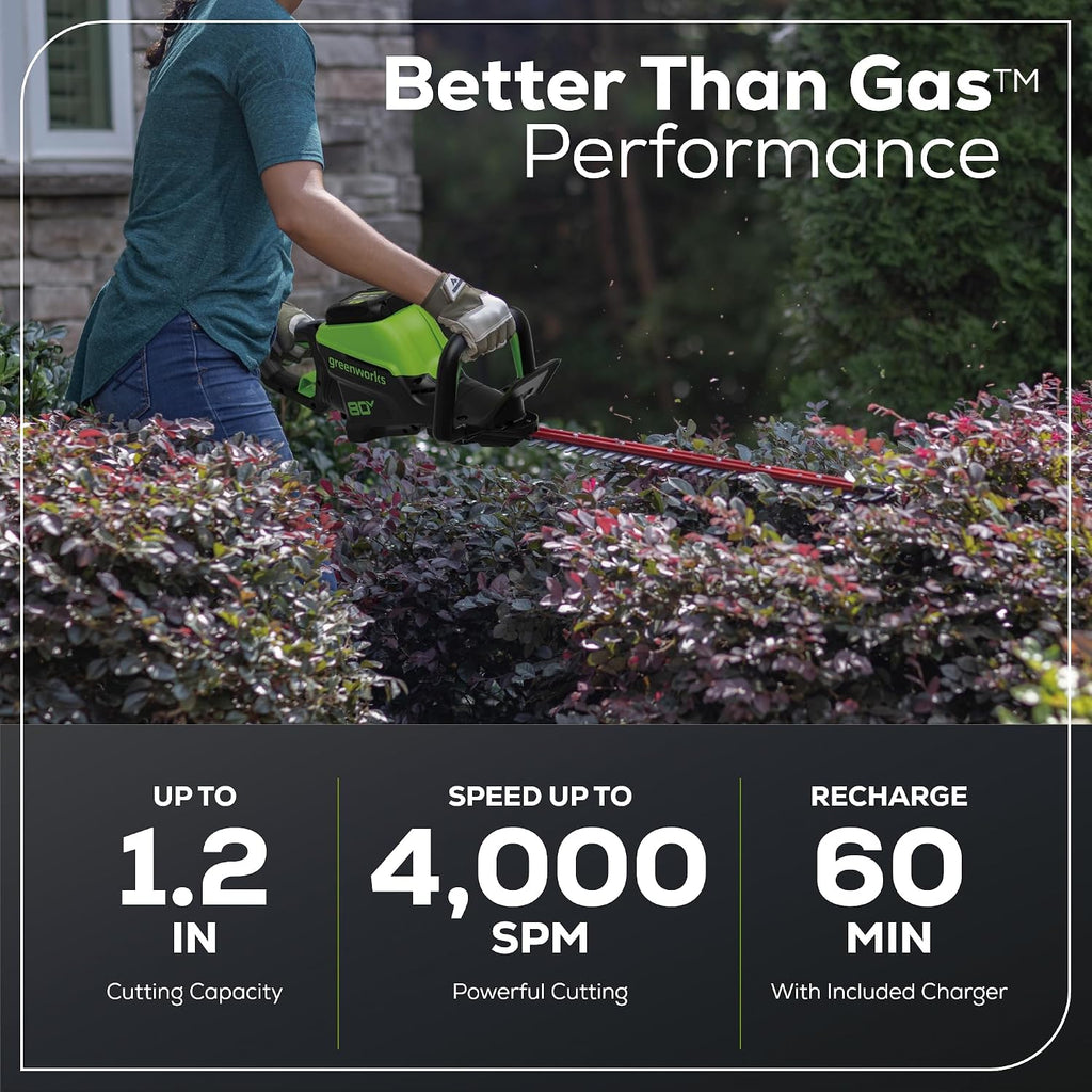 Greenworks 80V 26 in Cordless Hedge Trimmer, 2.0 Ah Battery and Charger