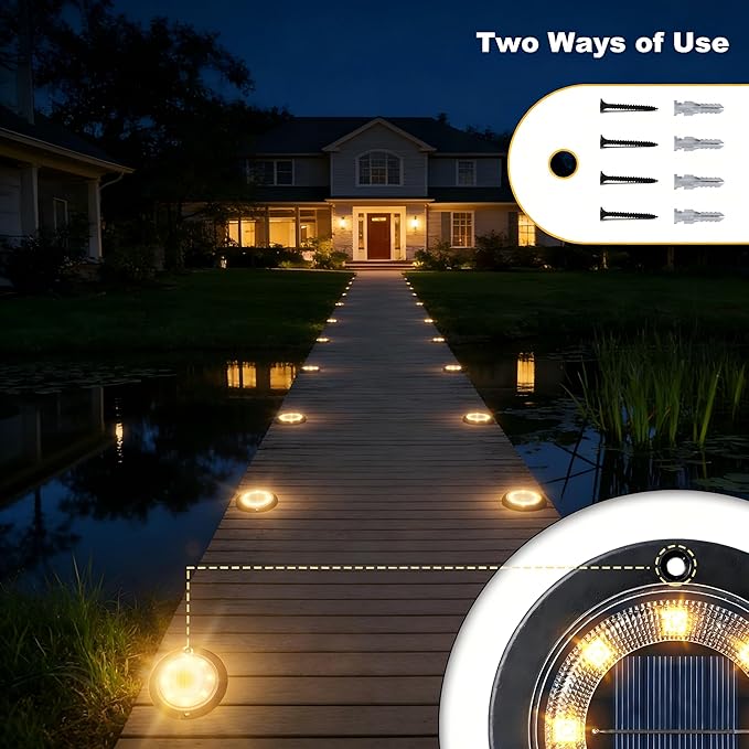 Flacchi Solar Lights Outdoor - Solar Powered Ground Lights Outdoor Solar Disk Light Waterproof Landscape Light for Patio Yard Pathway Walkway Driveway (Warm White, 2 Pack)