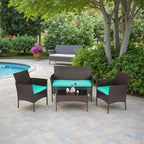 FDW | 4-Piece Patio Furniture Set | Brown & Blue | Outdoor Wicker Furniture with Coffee Table | Modern Rattan Chairs Conversation Set | Outdoor Seating | Weather-Resistant | for Porch, Garden, Lawn
