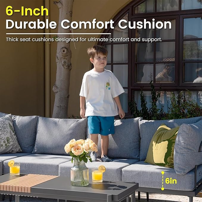 Sundale Outdoor 3 Pieces Patio Furniture Set, Metal Outdoor Sectional Sofa with Coffee Table, All-Weather Modern Outdoor Conversation Sets for Balcony, Porch, Poolside, Sunroom