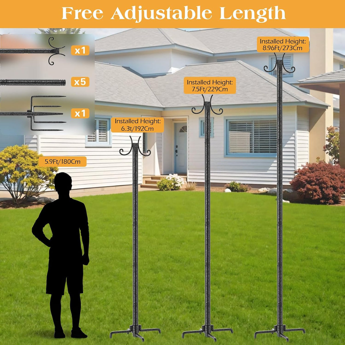 starryever 2 pack outdoor string light poles, 3m/10ft showing dimensions