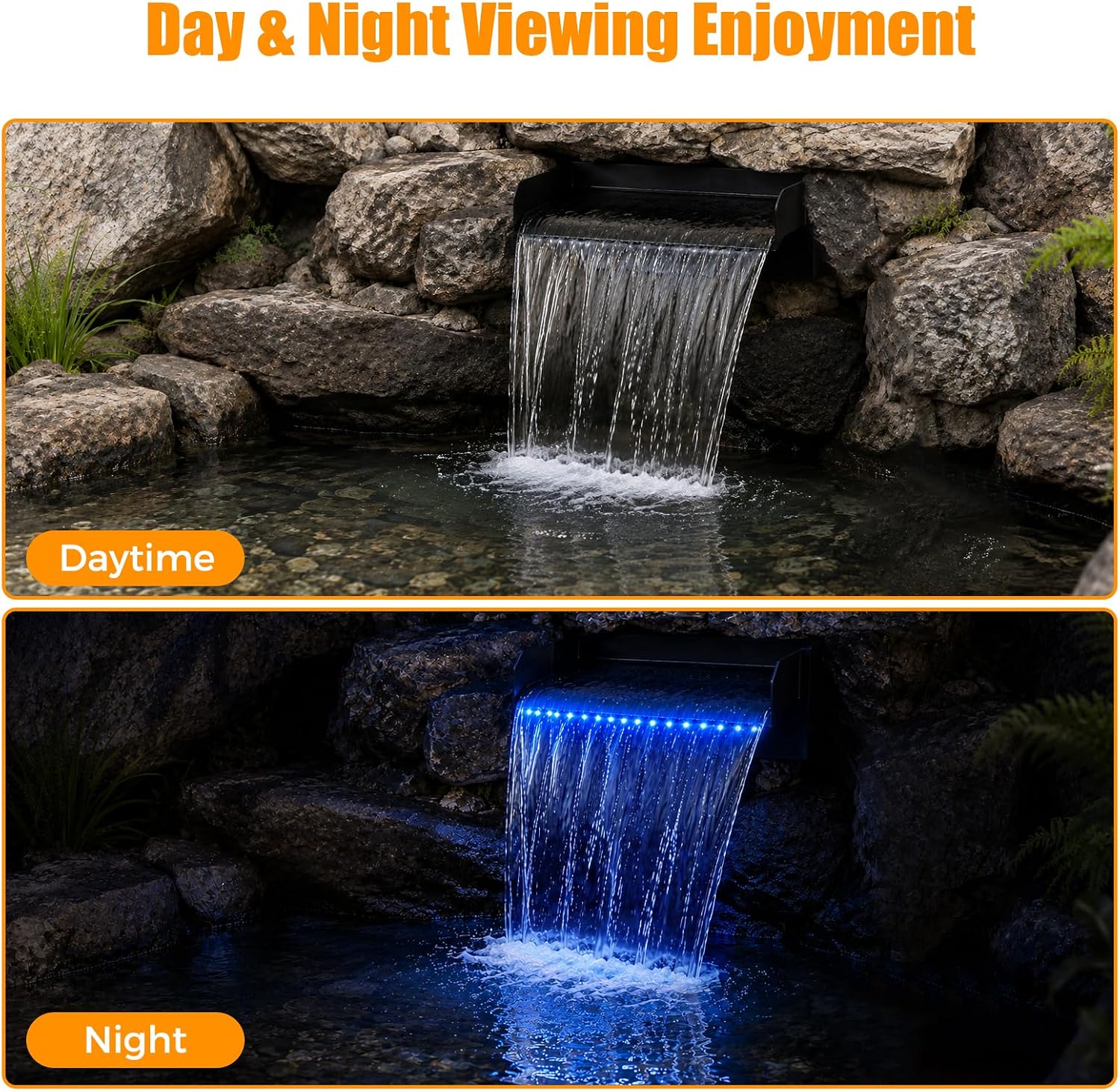All-in-1 Pond Waterfall Spillway Kit, 12" Stainless Steel | 304 stainless steel spillway, 660 GPH pump, 8 ft lift, easy setup, steady flow, quiet, 10 FT hose, for pond, garden, backyard