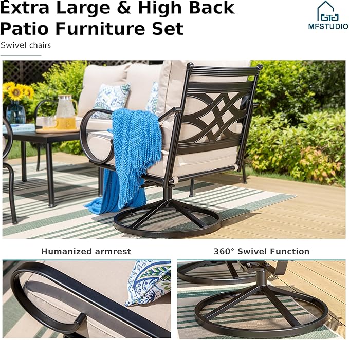 MFSTUDIO 7 Seats Large Metal Patio Conversation Sets, 6 Pieces Outdoor Furniture Sofa with 4 Swivel Chairs, 1 Sofa(3-seat) and Table for Outside Balcony Backyard Poolside