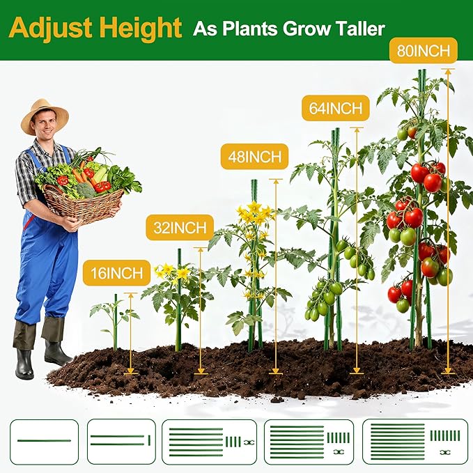 WAENLIR 16 Inch 48 Pack Extendable Garden Stakes Kit, DIY 4ft 5ft 6ft 7ft 8ft Plant Support Stakes with Connectors and Clips, Plastic Coated Metal Sticks for Tomato Indoor Outdoor