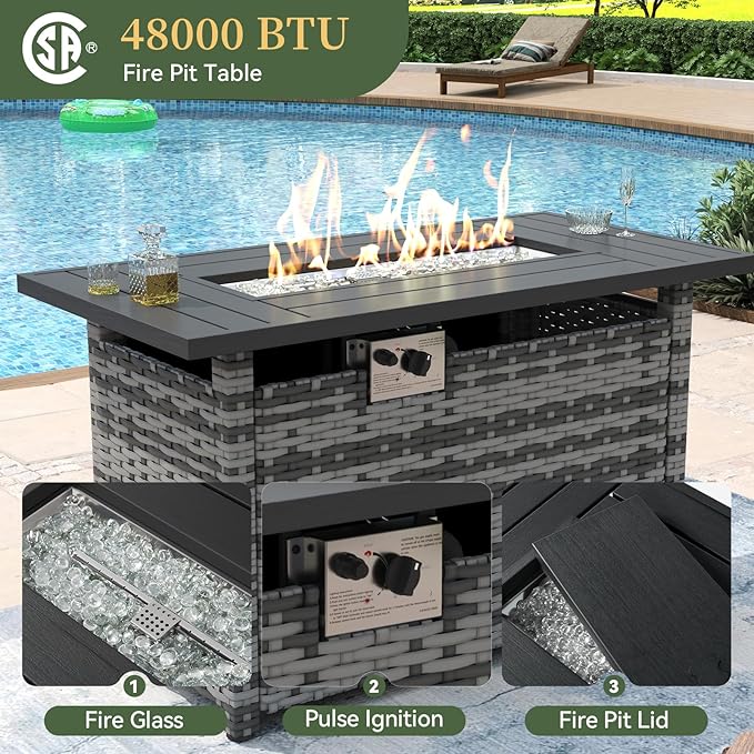 Aoxun 11 Piece Patio Furniture Set with 44” Fire Pit Table Wicker Rattan Outdoor Sectional Sofa Set with Coffee Table and Thickened Cushions, Grey/Black (Waterproof Cover Included)