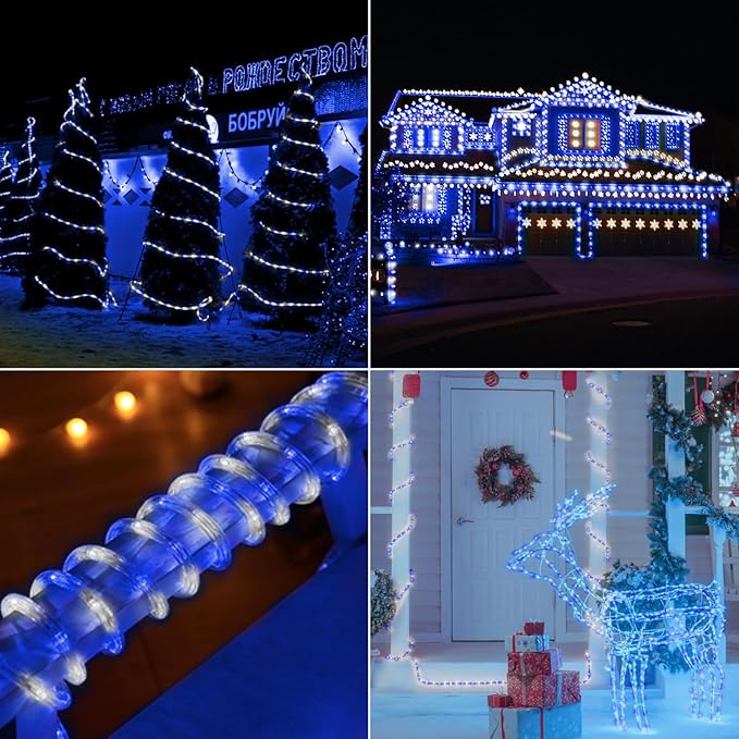 50ft LED Rope Lights Outdoor, 360 LED Connectable and Flexible Tube Lights with 8 Modes, Waterproof LED Rope Lighting for Garden Patio Bedroom Party Pool Indoor Outdoor Christmas Decor (White & Blue)