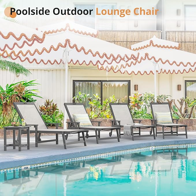 LUE BONA Chaise Lounge Chair Outdoor Set of 4, HDPS and HDPE Wicker Chaise Lounger with 5 Positions, Pool Lounge Chairs with Wheels and Adjustable Backrest for Patio, Poolside, Deck, Backyard