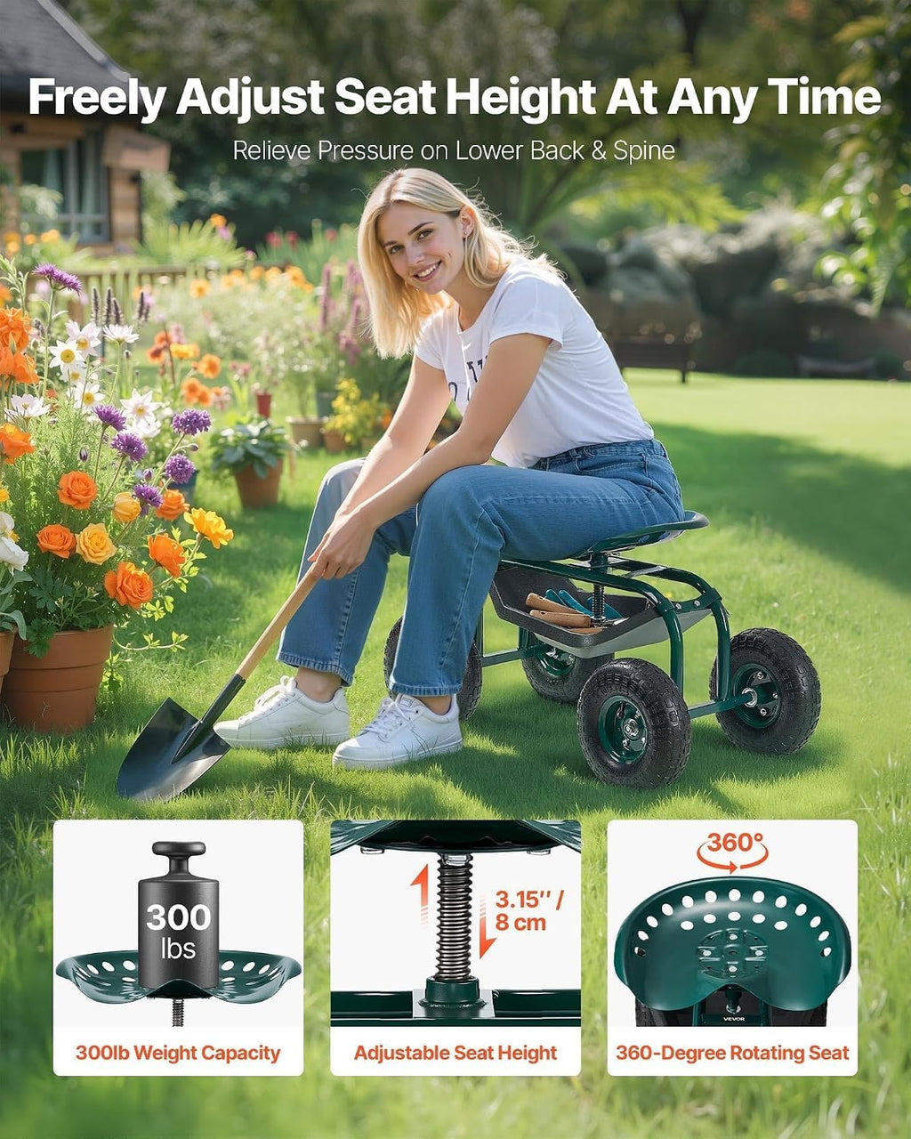 vevor rolling garden cart with swivel seat, heavy, close-up detail