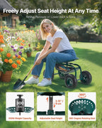 vevor rolling garden cart with swivel seat, heavy, close-up detail