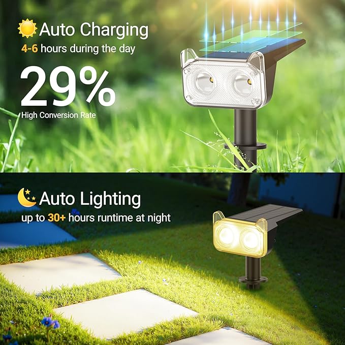 WdtPro Solar Lights Outdoor Waterproof, Solar Spot Lights Outdoor with Optical Lens, Auto ON/Off, 30H+ Runtime, Landscape Spotlights for Flag Yard Path Garden Tree, Warm White 6 Pack