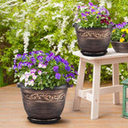 Plastic-Plant-Flower-Planters-14 Inch With Drainage Hole & Saucer, 3 Packs Lightweight Large Resin Flower Pot Indoor Outdoor, Retro Antique Imitation Decorative Garden Containers Sets For Houseplants