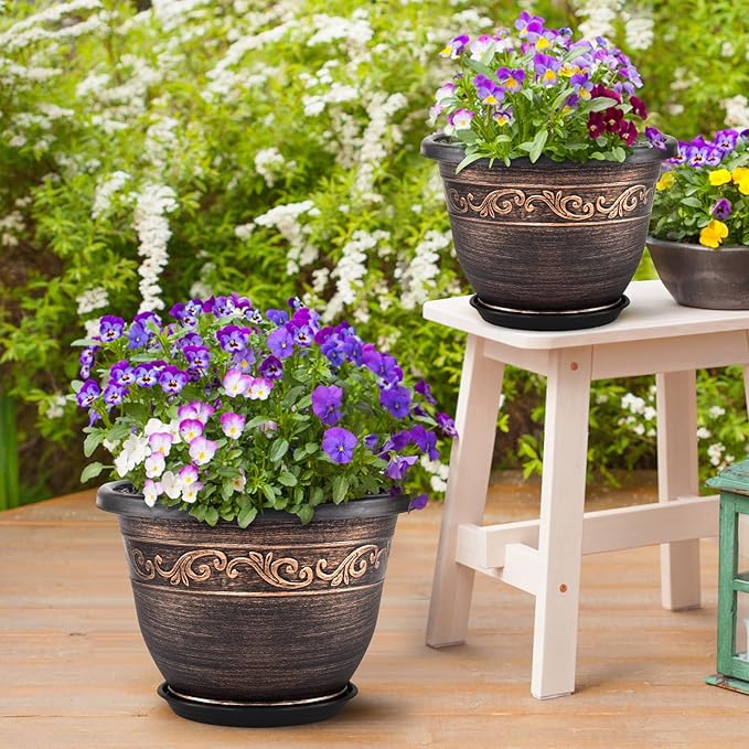 Plastic-Plant-Flower-Planters-14 Inch With Drainage Hole & Saucer, 3 Packs Lightweight Large Resin Flower Pot Indoor Outdoor, Retro Antique Imitation Decorative Garden Containers Sets For Houseplants