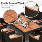 Tangkula 11 Pieces Rattan Outdoor Dining Set with 15Ft Solar Patio Umbrella for 8, Outdoor Wicker Table Set with 8 Cushioned Chairs, Acacia Wood Top, Outdoor Umbrella with Base Included