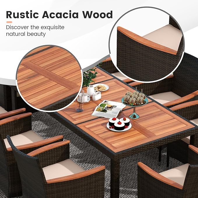 Tangkula 11 Pieces Rattan Outdoor Dining Set with 15Ft Solar Patio Umbrella for 8, Outdoor Wicker Table Set with 8 Cushioned Chairs, Acacia Wood Top, Outdoor Umbrella with Base Included