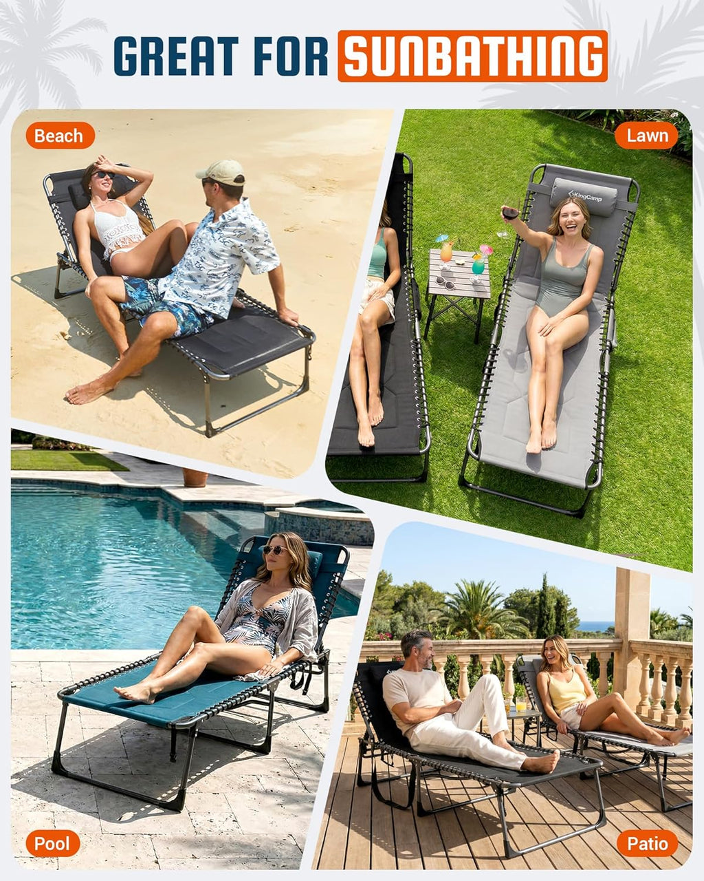KingCamp Oversized Tanning Chair Padded Lounge Chair, Black | Extra-Wide Padded, Folding Chase Lounge, Portable Adjustable 5-Position, 440lbs Heavy Duty
