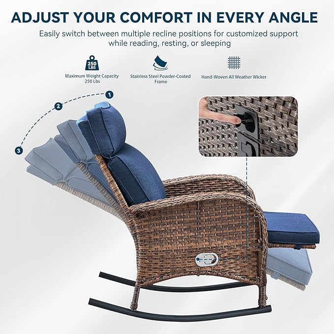 Zero Gravity Patio Rocking Wicker Recliner Chairs Set of 2- Wicker Outdoor Lounge Chair with Adjustable Backrest & Footrest, All Weather Reclining Rocker Chairs with Thick Cushion for Pool Deck Blue
