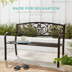 Best Choice Products Outdoor Bench Steel Garden Patio Porch Furniture for Lawn, Park, Deck w/Floral Design Backrest, Slatted Seat - Dark Green