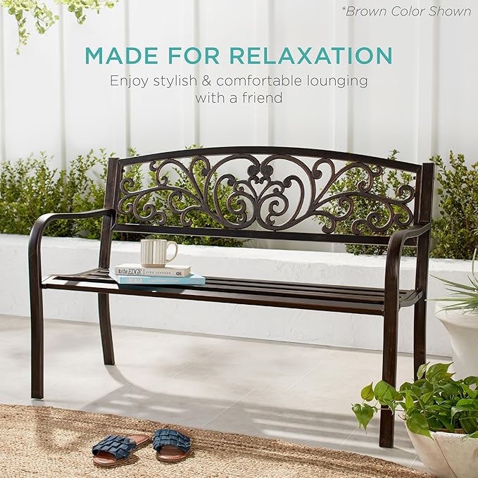 Best Choice Products Outdoor Bench Steel Garden Patio Porch Furniture for Lawn, Park, Deck w/Floral Design Backrest, Slatted Seat - Pink