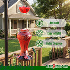 Birdream 23oz Red Glass Hummingbird Feeder for Outdoors, Durable Metal Base | 5 Feeding Ports, Built-in Ant Moat, For Outdoors Hanging, Decorative for Garden Patio Backyard