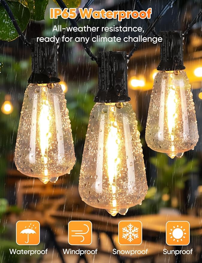 Brightever 3 Color in 1 LED Outdoor String Lights with Remote, 120FT Patio Lights Outdoor Waterproof with 38 Vintage Edison Bulbs, 3 Modes 2 Timer Dimmable String Light for Outside, 2700K/4000K/5000K