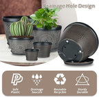 Quarut 4 Pack 6 Inch Flower Pots for Outdoor Indoor, Plastic Plant Pots with Drainage Hole & Saucer, Lightweight Small Flower Pot, Circle Pattern Planters for Garden House planters（Brown）