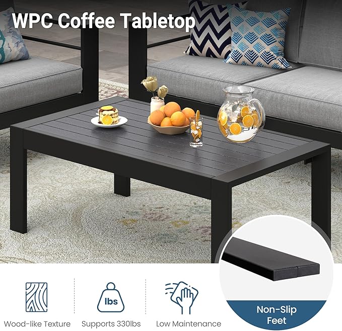 Solaste Aluminum Outdoor Patio Furniture Set, 5 Seats Patio Sectional Sofa with 5" Thick Cushion, Outdoor Patio Set with Coffee Table for Porch, Yard, Backyard, Deck, Light Grey