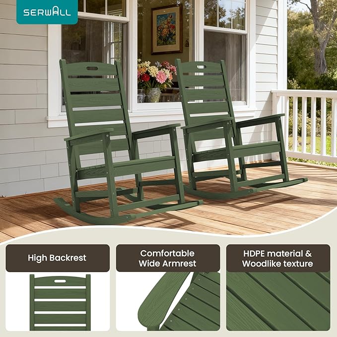 SERWALL Outdoor Rocking Chair, Oversized Rocking Chair with Footrest for Adults, HDPE All Weather Resistant Rocking Chairs for Patio, 350lbs Weight Capacity, Avocado Green