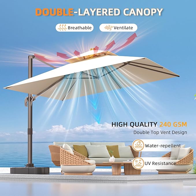 9' X 12' Cantilever Outdoor Patio Umbrellas Double Top Large Rectangle Umbrella Heavy Duty 360°Rotation Offset Umbrella for Garden Deck Pool Patio,Beige